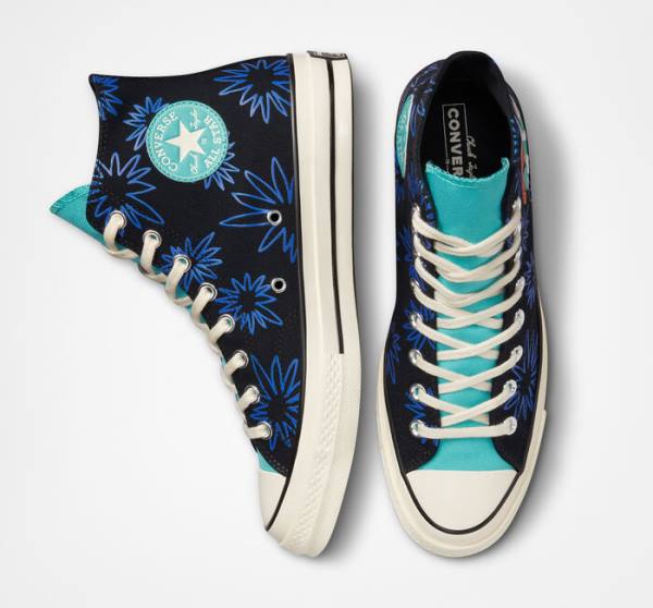 Zapatillas Altas Converse Chuck 70 Sunny Floral Tenis Negras Turquesa Azul Real | CV-206TFR