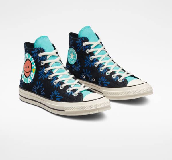 Zapatillas Altas Converse Chuck 70 Sunny Floral Tenis Negras Turquesa Azul Real | CV-206TFR