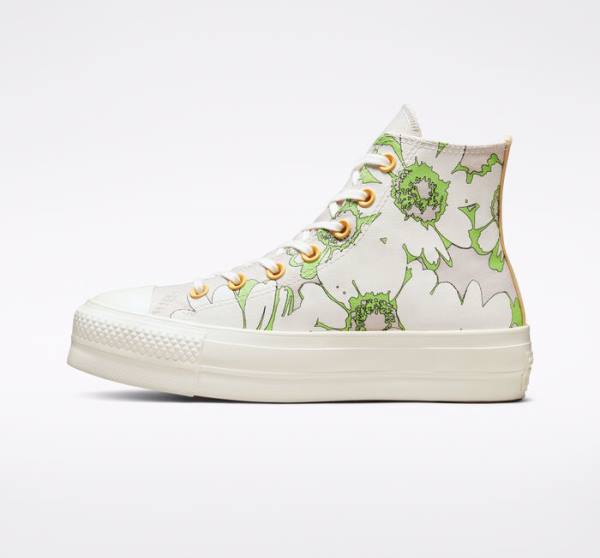 Zapatillas Altas Converse Chuck Taylor All Star Lift Plataforma Crafted Florals Tenis Marrones Verde Claro | CV-109SEZ