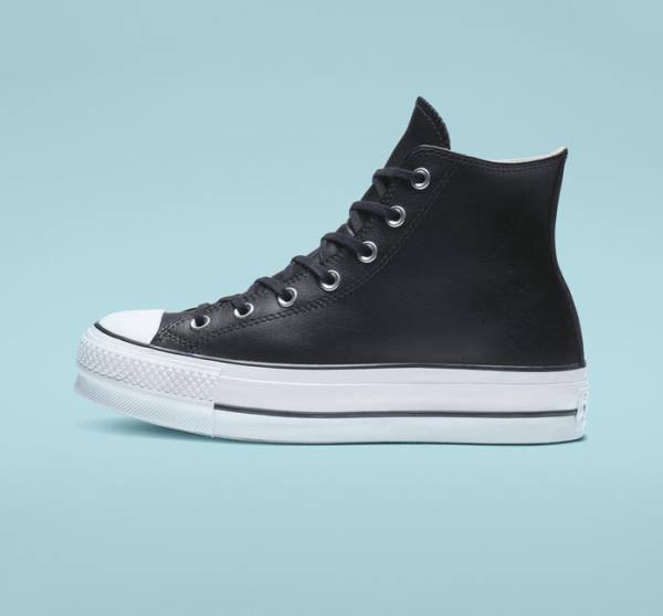 Zapatillas Altas Converse Chuck Taylor All Star Plataforma Clean Cuero Tenis Negras Blancas | CV-347MUN