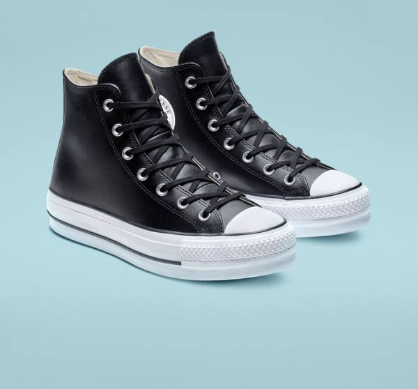 Zapatillas Altas Converse Chuck Taylor All Star Plataforma Clean Cuero Tenis Negras Blancas | CV-347MUN