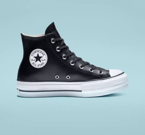 Zapatillas Altas Converse Chuck Taylor All Star Plataforma Clean Cuero Tenis Negras Blancas | CV-347MUN