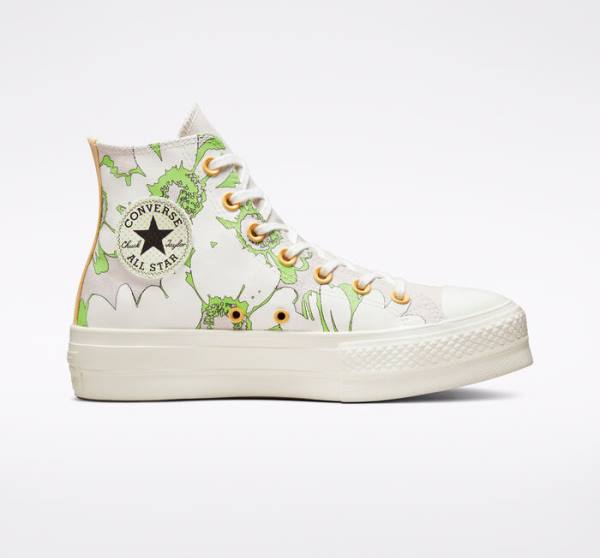 Zapatillas Altas Converse Chuck Taylor All Star Lift Plataforma Crafted Florals Tenis Marrones Verde Claro | CV-398BAQ